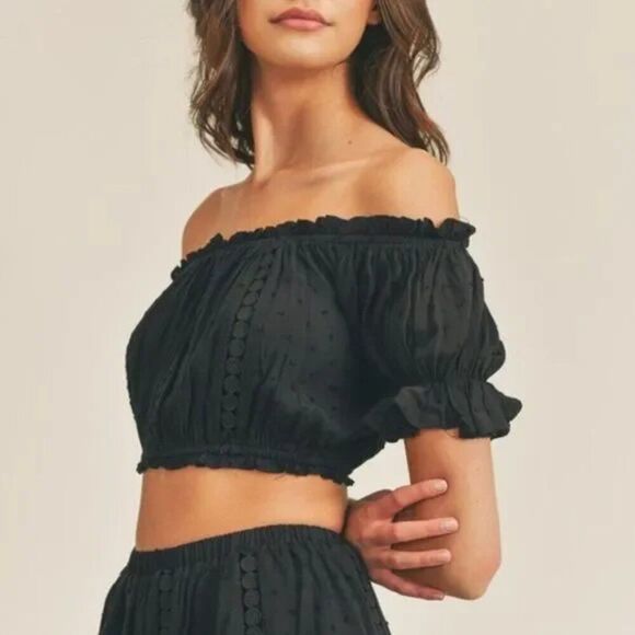 NWT Black Eyelet Off the Shoulder Crop Top & Skirt Set - Picture 3 of 9